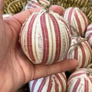 10 Primitive Red Stripe Fabric RAG BALLS Christmas Ornaments Farmhouse Decor