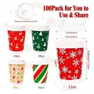100 Pc Holiday Party Supplies Disposable Cups Snowflake Gingerbread Christmas