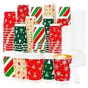 100 Pc Holiday Party Supplies Disposable Cups Snowflake Gingerbread Christmas