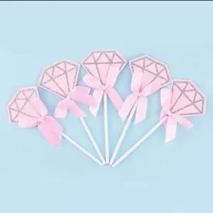 10pc Pink Diamond Silver Glitter Cupcake Toppers
