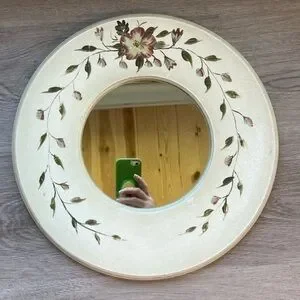 15 Inch Round Mirror With Flower Painting And Hanger On Back