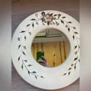 15 Inch Round Mirror With Flower Painting And Hanger On Back