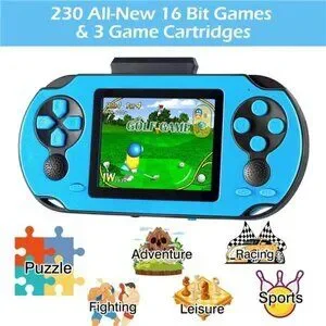 16 Bit Handheld 230 Games Console System Kids Adults 3.0'' Large Screen HD BLUE