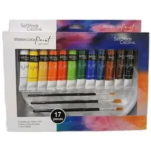 17 Pc WATERCOLOR Tubes Paint Set W 4 Taklon Paint Brushes + Art Palette Value