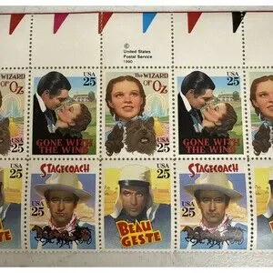 1990 Sheet Of 16 US Stamps Wizard of OZ Gone With The Wind Stagecoach Beau Geste