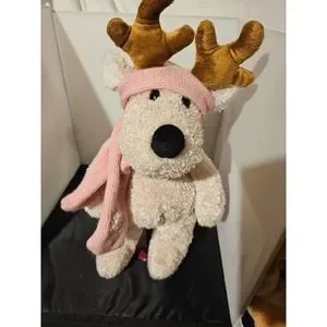 1999 Commonwealth Reindeer Plush Sparkly Ivory Floppy Pink Scarf Hat 18” F1 1999 Commonwealth Reindeer Plush Sparkly Ivory Floppy Pink Scarf Hat 18” F1