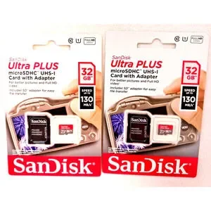 2 New SanDisk Ultra Plus Speed 130 microSDHC UHS-1 Card w Adapter