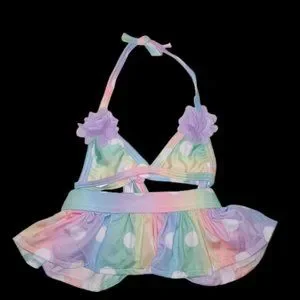 2-piece Dog Bikini Pastel Polka dot Rainbow Tutu & Triangle Halter Top NEW