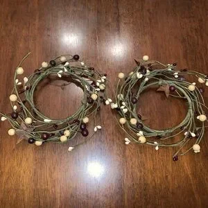 2 Rustic Berry and Star Farmhouse Primitive Candle Ring Wreaths 3" Pips Berries