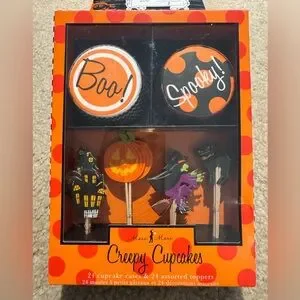 2 Sets Of Halloween Cupcake Sets - Cupcake Liners & Assorted Toppers