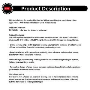 21.5 Inch Privacy Screen For Monitor For Widescreen Monitor - Anti Glare - Blue