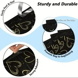 25 THANK YOU 10x13 Golden Heart Print Black Poly Mailers