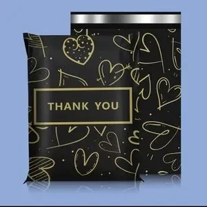 25 THANK YOU 10x13 golden heart print black Poly Mailers