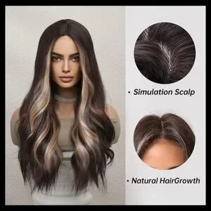 ✨26" LONG WAVY WIG Brown With Blonde Highlights By Luxurious Hair✨