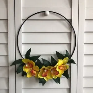 3/$20 Yellow Pink Dotted Orchid Flower Hawaiian Tropical Black Twine Hoop Wreath