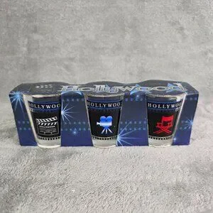 3 Pc Hollywood Themed Shot Glass Set Film Reel Clapperboard & Directors Chair
