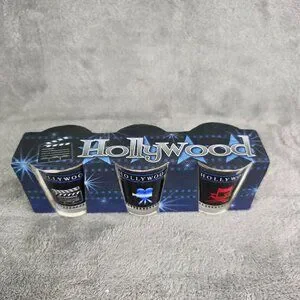 3 Pc Hollywood Themed Shot Glass Set Film Reel Clapperboard & Directors Chair