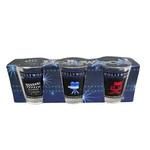 3 Pc Hollywood Themed Shot Glass Set Film Reel Clapperboard & Directors Chair