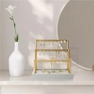 3-Tier Earring Holder Organizer Stand 105 Holes Gold Metal Earring Rack