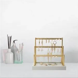 3-Tier Earring Holder Organizer Stand 105 Holes Gold Metal Earring Rack