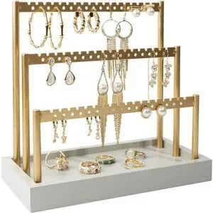 3-Tier Earring Holder Organizer Stand 105 Holes Gold Metal Earring Rack