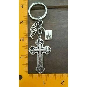3 X Jesus Christ Cross Fish Christian Holy Bible Charms Keychain Key Chain Ring