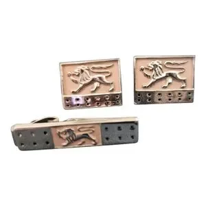 30s Vintage Tie Clip and Cuff Link Set Silver Tone and Pink Regal Lion Swank
