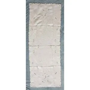 39" X 15" Vintage White Linen Cut Work Embroidered Table Runner Dresser Scarf