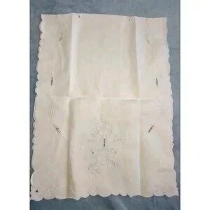 39" X 15" Vintage White Linen Cut Work Embroidered Table Runner Dresser Scarf