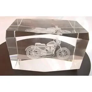 3D Laser Etched Clear Art Glass Paperweight Cube With 3-D Holographic Motorcycle