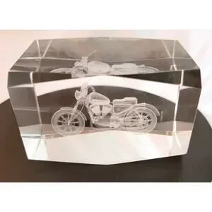 3D Laser Etched Clear Art Glass Paperweight Cube with 3-D Holographic Motorcycle