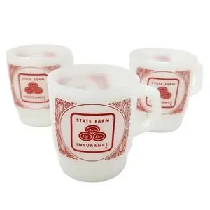 3x Vintage Fire King Stacking Mugs Milk Glass State Farm Insurance Advertising