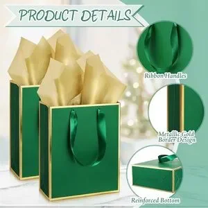 5 Pack Metallic Paper Gift Bags With Handle And Tissue 9 X 7 X 3.1