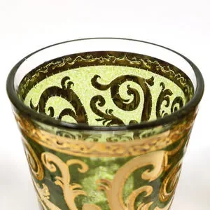 5X Vtg Culver Toledo Shot Glasses MCM Baroque Green Gold Scroll Barware Party