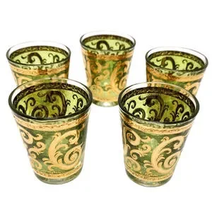 5X Vtg Culver Toledo Shot Glasses MCM Baroque Green Gold Scroll Barware Party