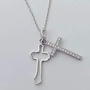 925 Silver Double Cross Necklace Cz Stone