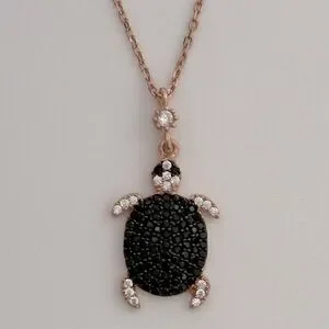 925 Silver turtle necklace black cz 14k rose gold plated