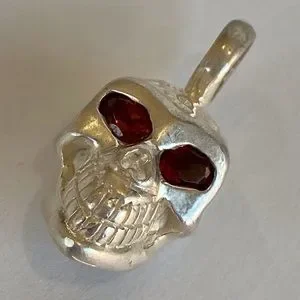 925 Sterling Silver Skull with Ruby Eyes Pendant Necklace