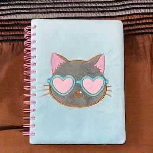 Adorable Cat Embroidered Notebook - Blue and Pink