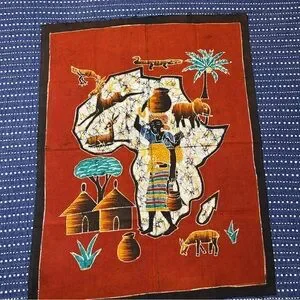 African Wall Art Paint Batik Heritage Tapestry - Vibrant Red And Brown