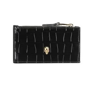 Alexander McQueen Croc-Embossed Leather Skull Card Holder Black Gold