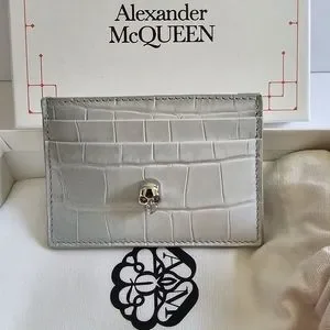 Alexander McQueen Skull Croc Embossed Leather Card Holder Ombre Gray