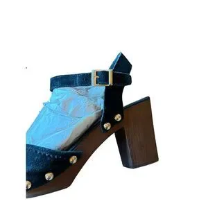 Alpe Woman Black Suede Studded Ankle Strap Block Heel Platforms Women's Size 7.5