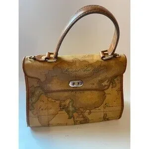 Alviero Martini Womens Handbag Map Brown Prima Classe Luxury Leather Bag