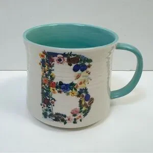 Anthropologie Nathalie Lete B Monogram Mug Floral Ceramic Blue White Coffee Cup