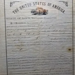 Antique 1887 Certificate Of Citizenship State Of Iowa American Memorabilia