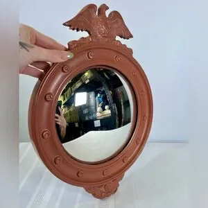 Antique 40s Federal Eagle Bullseye Round Gilt Wood Convex Wall Mirror Salmon