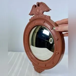 Antique 40s Federal Eagle Bullseye Round Gilt Wood Convex Wall Mirror Salmon