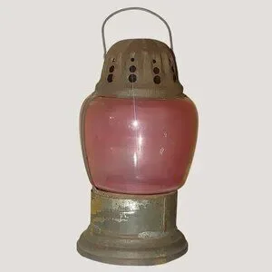 Antique Ice Skating Handheld Red Glass Metal Lantern Lamp Rustic Patina Small