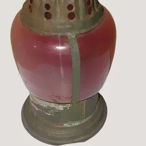 Antique Ice Skating Handheld Red Glass Metal Lantern Lamp Rustic Patina Small